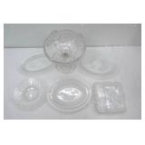 Vintage Anchor Hocking "Miss America" pattern Crystal Depression Glass Platters; Pedestal Compote Bowl - light smoke color; and more