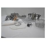 Kitchenware Lot: Vintage Hand Beaters, pie tins, canning strainer, grater, deep fry basket and more
