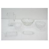 Vintage Etched Crystal Pitcher, Pressed  Cut Crystal Serving Bowls, Butter Dishes