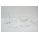 Vintage Etched Crystal Pitcher, Pressed  Cut Crystal Serving Bowls, Butter Dishes