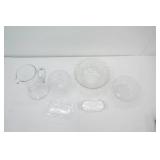 Vintage Etched Crystal Pitcher, Pressed  Cut Crystal Serving Bowls, Butter Dishes