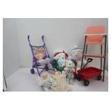 Vintage Toy High Chair, Toy Stroller, Toy Dolls Wagon, Stuffed Animals, Baby Doll and More