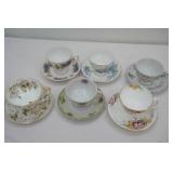 Collection of Vintage Tea Cups and Saucers. 6 sets. Gold Accents and Trim