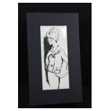 Framed Monochrome Fashion Illustration Print - Woman in Hat and Coat 12" x 21"