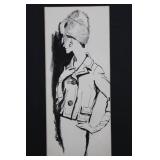 Framed Monochrome Fashion Illustration Print - Woman in Hat and Coat 12" x 21"