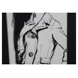 Framed Monochrome Fashion Illustration Print - Woman in Hat and Coat 12" x 21"