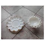 Vintage Anchor Hocking Deviled Egg Tray & Lace Egg Milk Glass Pedestal Bowl