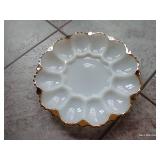 Vintage Anchor Hocking Deviled Egg Tray & Lace Egg Milk Glass Pedestal Bowl