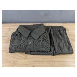 Pant Suit with Lace Top & Elastic Waist Pants - Dark Gray - Women