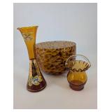 Amber Handblown Glass Vase Set - Floral Motif Tall Vase, Hammered Amber Bowl, Bud Vase