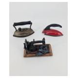 Mini Antique Coal Iron Pair on Ornate Wooden Base - 2-Piece