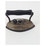Mini Antique Coal Iron Pair on Ornate Wooden Base - 2-Piece