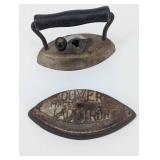 Mini Antique Coal Iron Pair on Ornate Wooden Base - 2-Piece