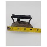 Mini Antique Coal Iron Pair on Ornate Wooden Base - 2-Piece