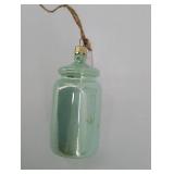 Mint Green Glass Sugar Jar Ornament - Gold Crown Cap, Jute Hanging Twine