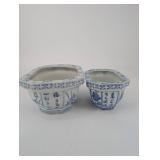 Blue and White Chinese Porcelain Hexagonal Planters - 2-Piece Set - Made in China