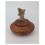 Hand-Carved Wood Bust with Hat on Round Pedestal - Folk Art Sculpture