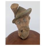 Hand-Carved Wood Bust with Hat on Round Pedestal - Folk Art Sculpture