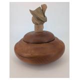 Hand-Carved Wood Bust with Hat on Round Pedestal - Folk Art Sculpture