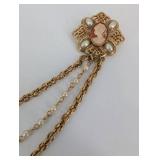 Vintage Gold Tone Cameo Necklace with Filigree Center and Pearl Drops