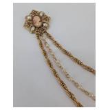 Vintage Gold Tone Cameo Necklace with Filigree Center and Pearl Drops