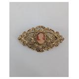 Vintage Gold Tone Cameo Necklace with Filigree Center and Pearl Drops