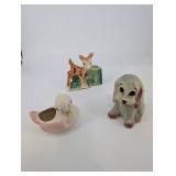 Assorted Ceramic Animal Figurine planters - Deer Fawn with Planter, Dog & Duck planters