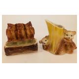 Bear & Owl Log Ceramic Planters - Vintage Wildlife Figurines