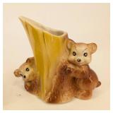 Bear & Owl Log Ceramic Planters - Vintage Wildlife Figurines