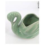 Pair Of Swan-Shaped Ceramic Vases - Green & Cream Glaze - Unmarked