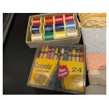 Assorted Craft Supplies - Lace, Ribbon, Threads, Spools & Crayola Crayons