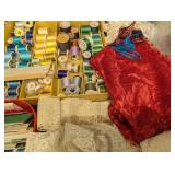 Assorted Craft Supplies - Lace, Ribbon, Threads, Spools & Crayola Crayons