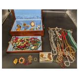Vintage Jewelry Box Lot - Brooches, Beads & Necklaces