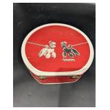 Assorted Doll Clothes & Accessories in Round Red Tin Box
