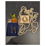 Assorted Vintage Jewelry - Pearl Bead Necklace, Myrtlewood Cameo Pendant & Amber Drop Earrings