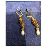 Assorted Vintage Jewelry - Pearl Bead Necklace, Myrtlewood Cameo Pendant & Amber Drop Earrings
