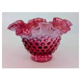 Pink Hobnail Glass Vase with Ruffled Rim