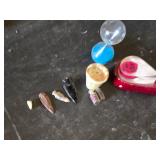 Assorted Collectible Items Including Hourglass, Stone Arrow Points, and Decorative Pieces