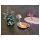 Glass Bird Figurine, Peacock Figurine, Brass Swan Dish, and Metal Bird Sculpture