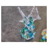Glass Bird Figurine, Peacock Figurine, Brass Swan Dish, and Metal Bird Sculpture