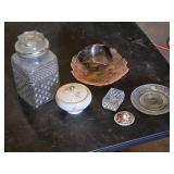Vintage Glassware and Ceramic Items Lot including Glass Jar, Floral Ceramic Dish, and Glass Plates
