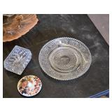 Vintage Glassware and Ceramic Items Lot including Glass Jar, Floral Ceramic Dish, and Glass Plates