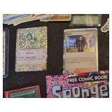 Various Collectibles and Trading Cards including Power Rangers Mystic Cycle Blasters, The Simpsons Comics, and PokÃ©mon Cards