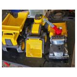 Toy Construction Vehicles Including Dump Truck, Front Loader, and Crane Truck