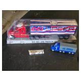 Toy vehicle collection including Big Rig and Trailer, Race Cars, and Mini Tanker Trucks