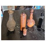 Collection of Vintage Bottles Including Erven Lucas Bols Stoneware, Leather-Wrapped Bottle, and Decorative Glass Decanter