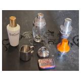 Cocktail Shakers and Barware Collection Including RumChata Bottle, Metal Shaker, Glass Shaker, and Cocktail Kit