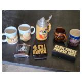 Lot of Beer Mugs, Flask, and Large Glass Bottle with Accessories