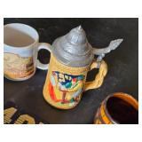 Lot of Beer Mugs, Flask, and Large Glass Bottle with Accessories