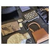 Lot of Various Handbags and Clutches including Magnolia Satin Pouch, Fashion Black Tote, and Floral Zip Pouch